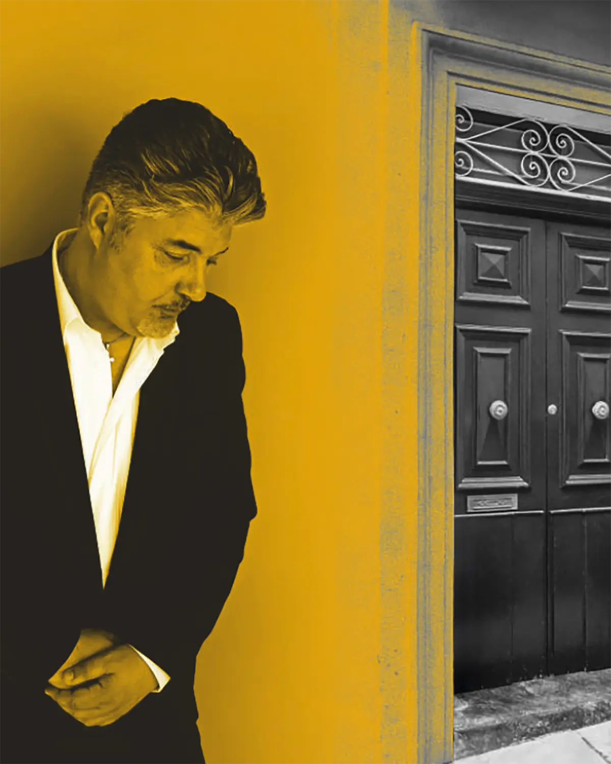 Ivan Grech — promotional portrait beside a doorway, warm tones and grayscale split